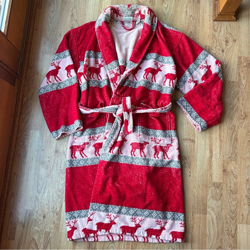 Vintage TJ Lawford Turkish Towel Robe Size XL Reindeer Christmas Print